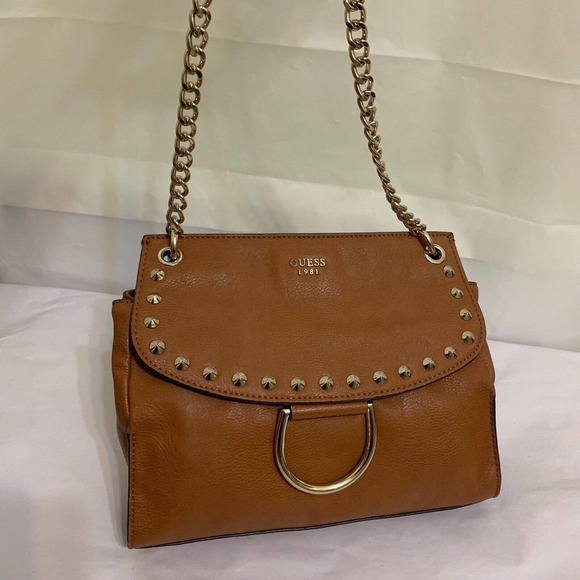 GUESS Large Acorn Brown Vegan Leather Studded Flap CHAIN CROSSBODY - Picture 5 of 13